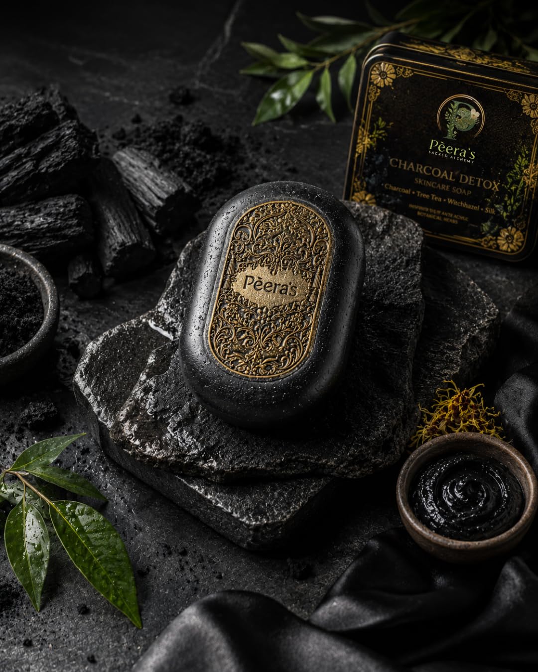 Pèera's Sacred Alchemy Charcoal Detox Skincare Soap Bar with Activated Charcoal, Tea Tree Oil, Witch Hazel, Silk Extract, Deep Cleansing