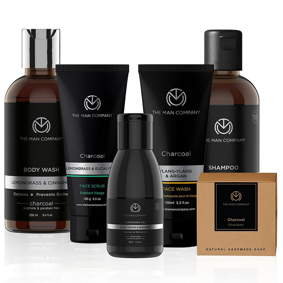The Man Company Charcoal Grooming Kit with Body Wash, Shampoo, Face Scrub, Face Wash, Cleansing Gel, Solid Soap Bar | Combo Gift Set for Husband, Boyfriend - Se