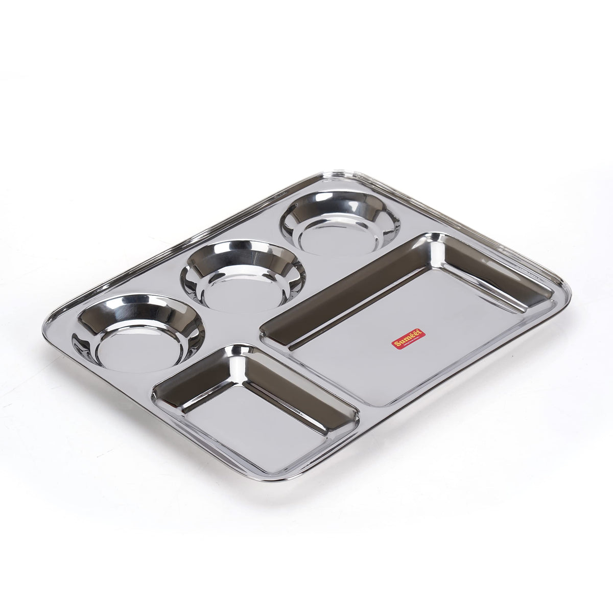 Sumeet Stainless Steel Rectangular 5 in 1 Compartment Lunch/Dinner Plate 1Pc, 37.4cm Dia, Silver BIG 1PC