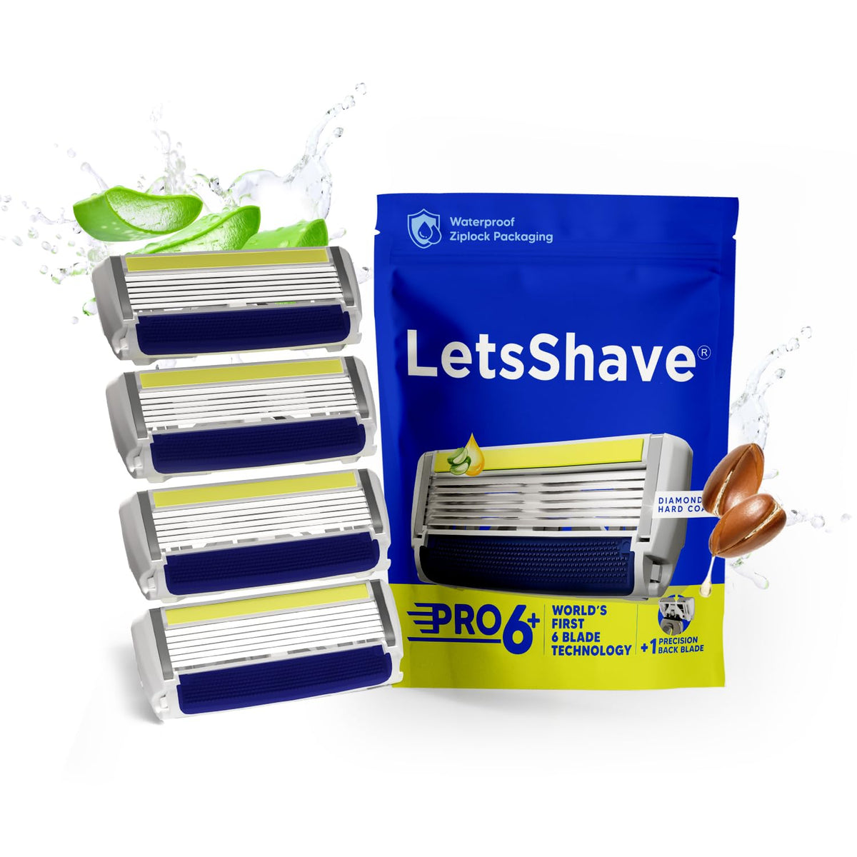 LetsShave Pro 6 Plus Lite Cartridge Refills for Men – Pack of 4 | 6-Blade System with Precision Trimmer Edge | Argan Oil & Aloe Vera Infused Moisture Bar 1 coun