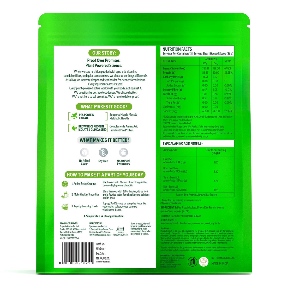 OZiva Plant Protein Powder, Pea Isolate, Vegan, Unflavoured, 500g Unflavoured 500 g (Pack of 1, without Shaker)