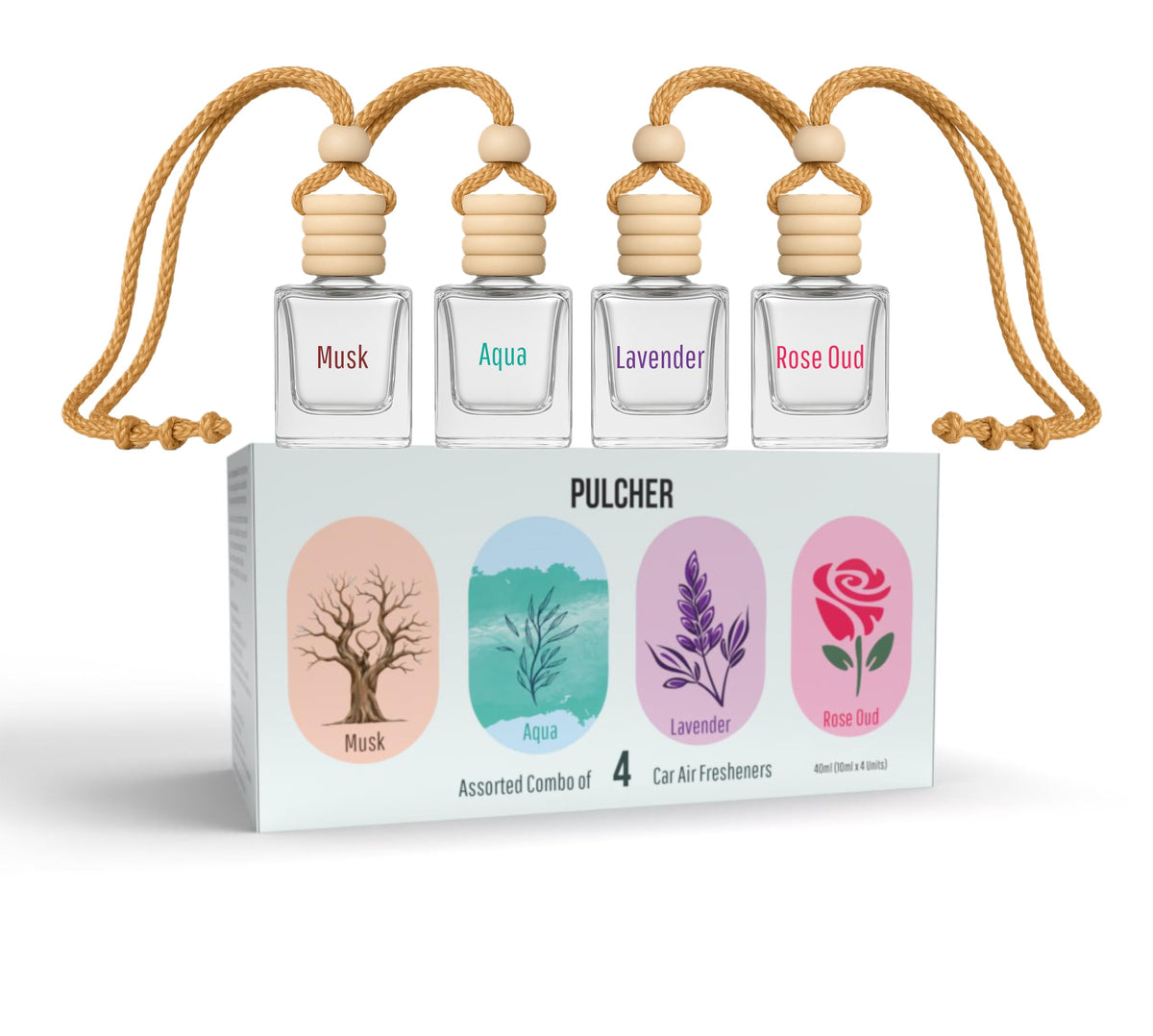 PULCHER Long Lasting Car Fresheners - Assorted Combo Pack of 4 (Musk + Aqua + Lavender + Rose Oud) | Luxury perfume for car crafted with Natural Essential Oil |