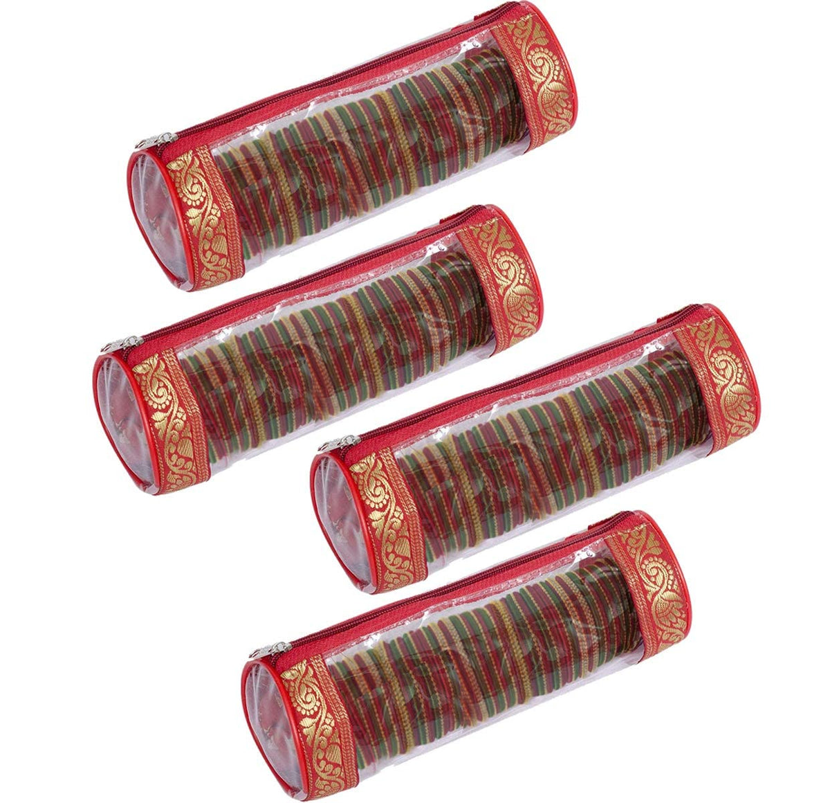 Rudraksh Raw Silk Single Rod Travel Bangle Pouch Wardrobe Organizer Vanity Box For Women/Girls Bracelets And Bangles, Maroon - Set of 4 Pack Of 4 Maroon