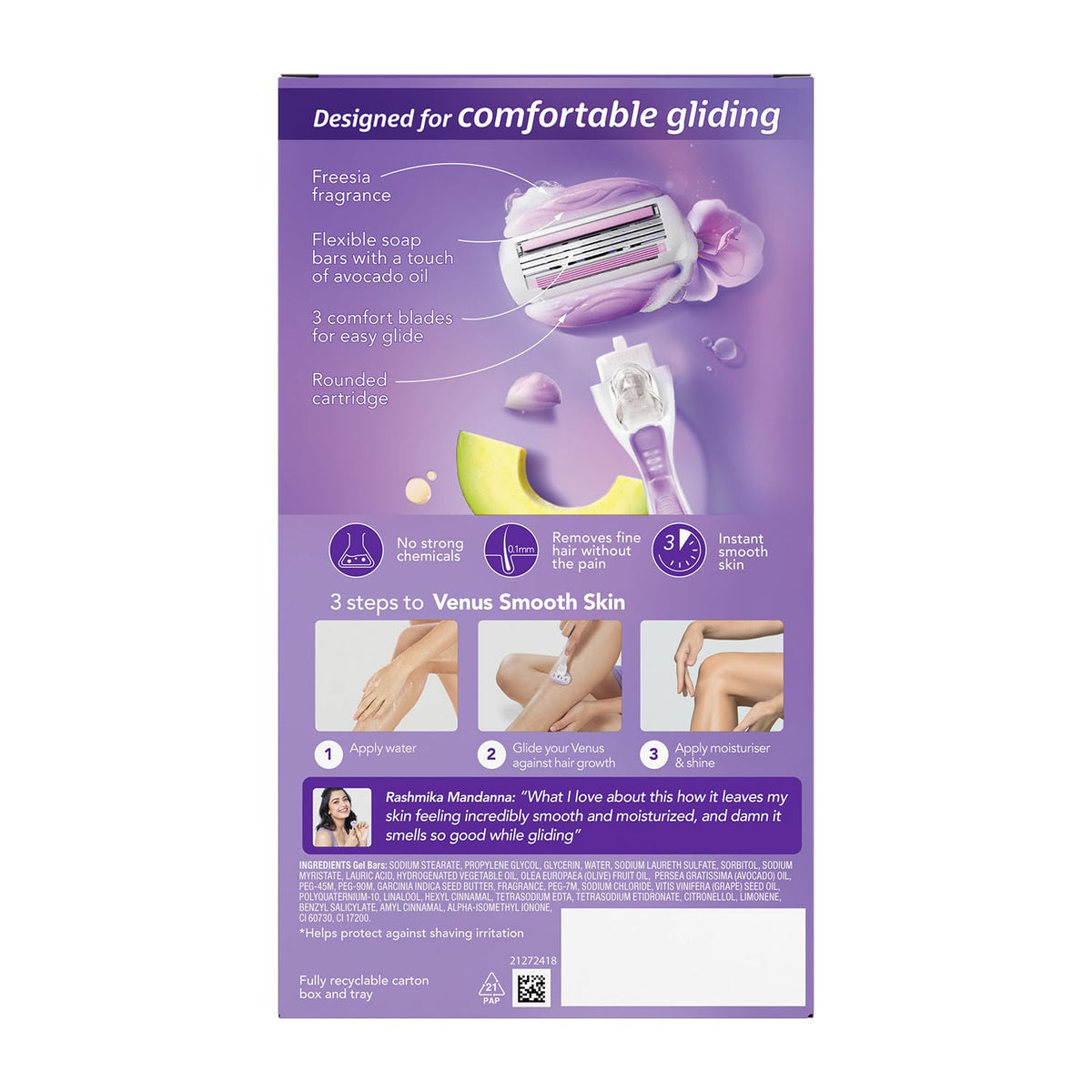 Gillette Venus Comfortglide Hair Removal Razor for Women with Avocado Oils & Body Butter, Freesia Scent, 1 Pc Purple,white 1 count (Pack of 1) Venus Breeze Razo