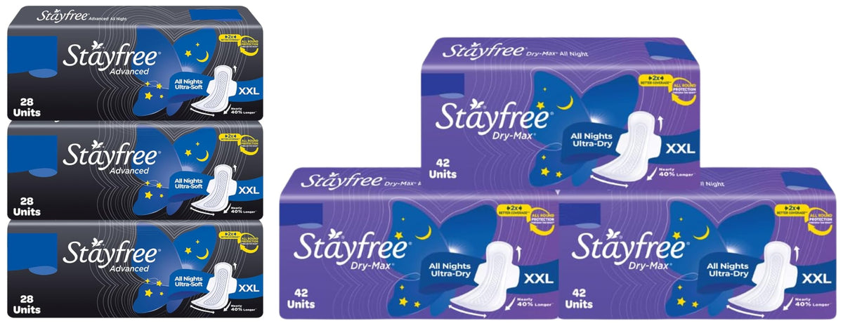 Stayfree Advanced Ultra Napkin & Stayfree Dry Max Xxl|Combo Pack 126 Pads|All Night Xxl Dry Cover Sanitary Pads For Women|Convert Heavy Flow Into Gel|Odour Cont