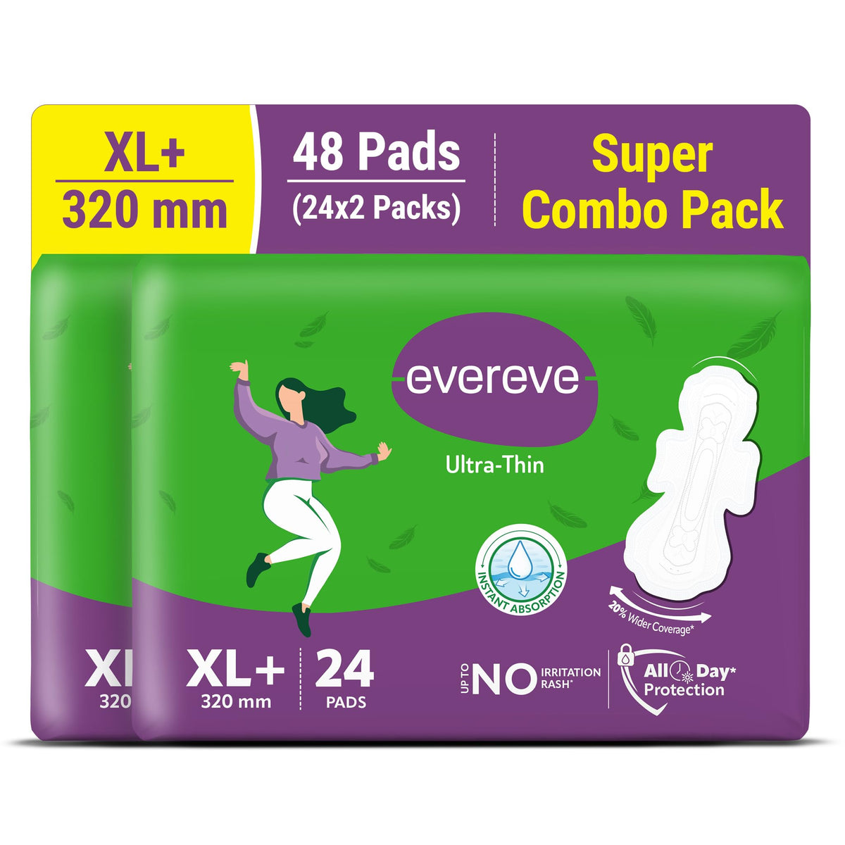 Evereve Ultra-Thin Sanitary Pads for Women, XL+ 320mm, Longest & Widest Day Pad, Soft & Breathable Fabric, Rash-Free Comfort, Instant Absorption, Dry Feel Prote