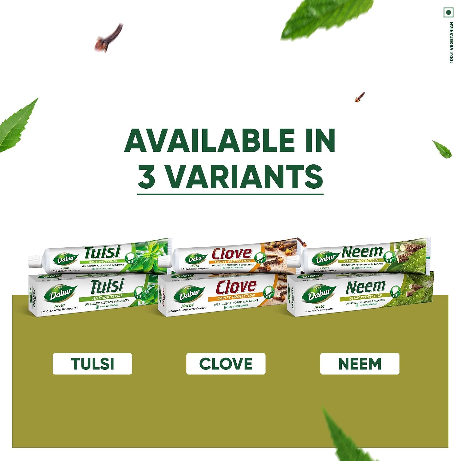 Dabur Herb'l Neem 300g (200g + 100g) - Germ Protection Toothpaste with No added Fluoride and Parabens