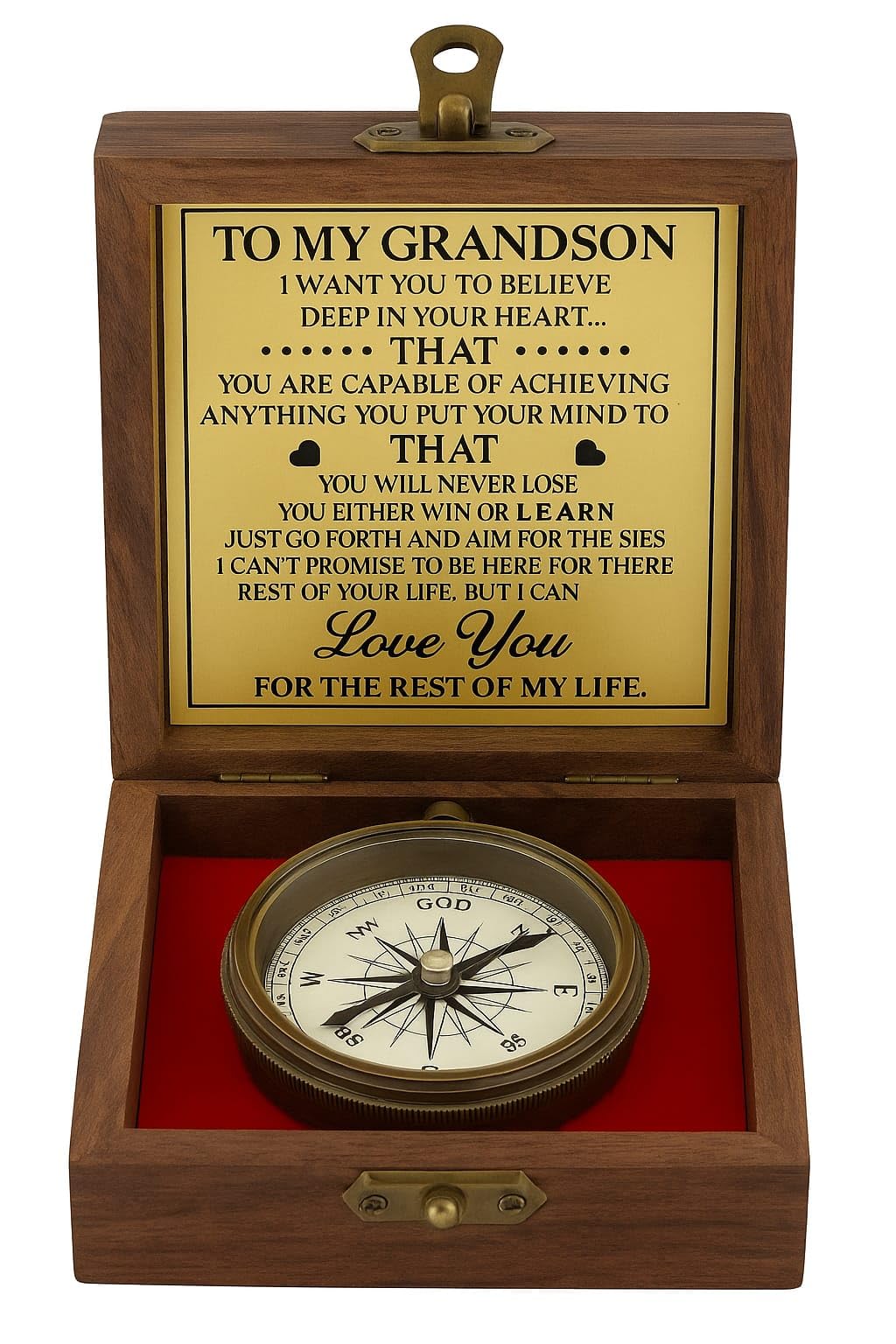 Smizzy Antiqued Brass Pocket Grandson Compass with Wooden Case Engraved with Love You - Vintage Style Home Decor Gift