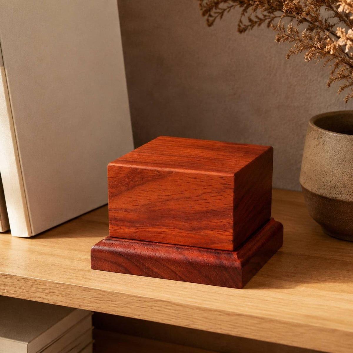 Polished Square Wooden Display Pedestal Versatile Small Wood Display Block with Stepped Base Compact Red Pear Wood Figurine Stand Low-Profile for Collectors, Te