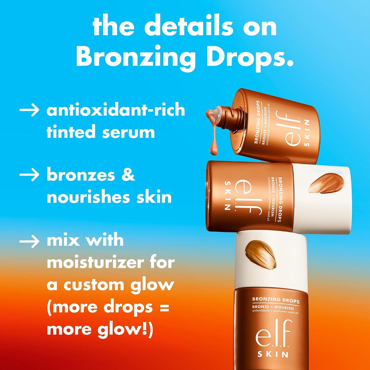 e.l.f. SKIN Bronzing Drops, Liquid Bronzer For Face & Skin, Creates A Sun-Kissed Glow, Infused With Vitamin E, Vegan & Cruelty-Free, Pure Gold