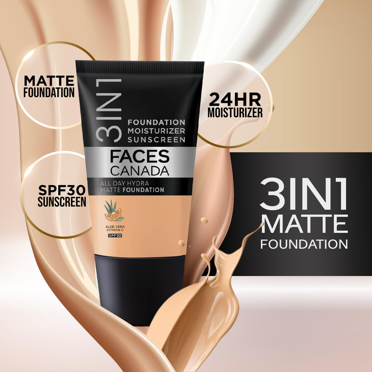 FACES CANADA Full Cover Glam Combo - Strobe Cream - Rose Gold (18 ml) + Weightless Stay Matte Compact Powder - Natural 02 (9 gm) - Hydra Matte Foundation - Abso