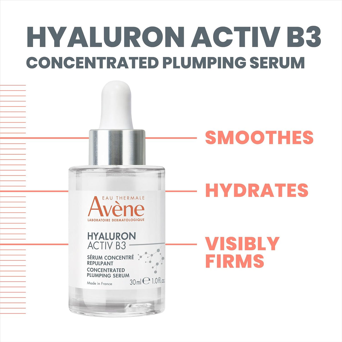 Avène Hyaluron Activ B3 Concentrated Plumping Serum 30ml, Hyaluronic Acid and Niacinamide Serum, Helps Reduce Fine Lines and Replenish Skin