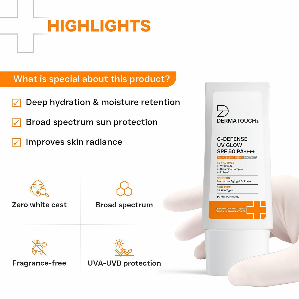 DERMATOUCH C-Defense SPF 50 PA++++ Fluid Sunscreen with Vitamin C & Ceramides | Broad Spectrum | For Premature Aging, Dullness & Sunburn | Zero White Cast | Lig