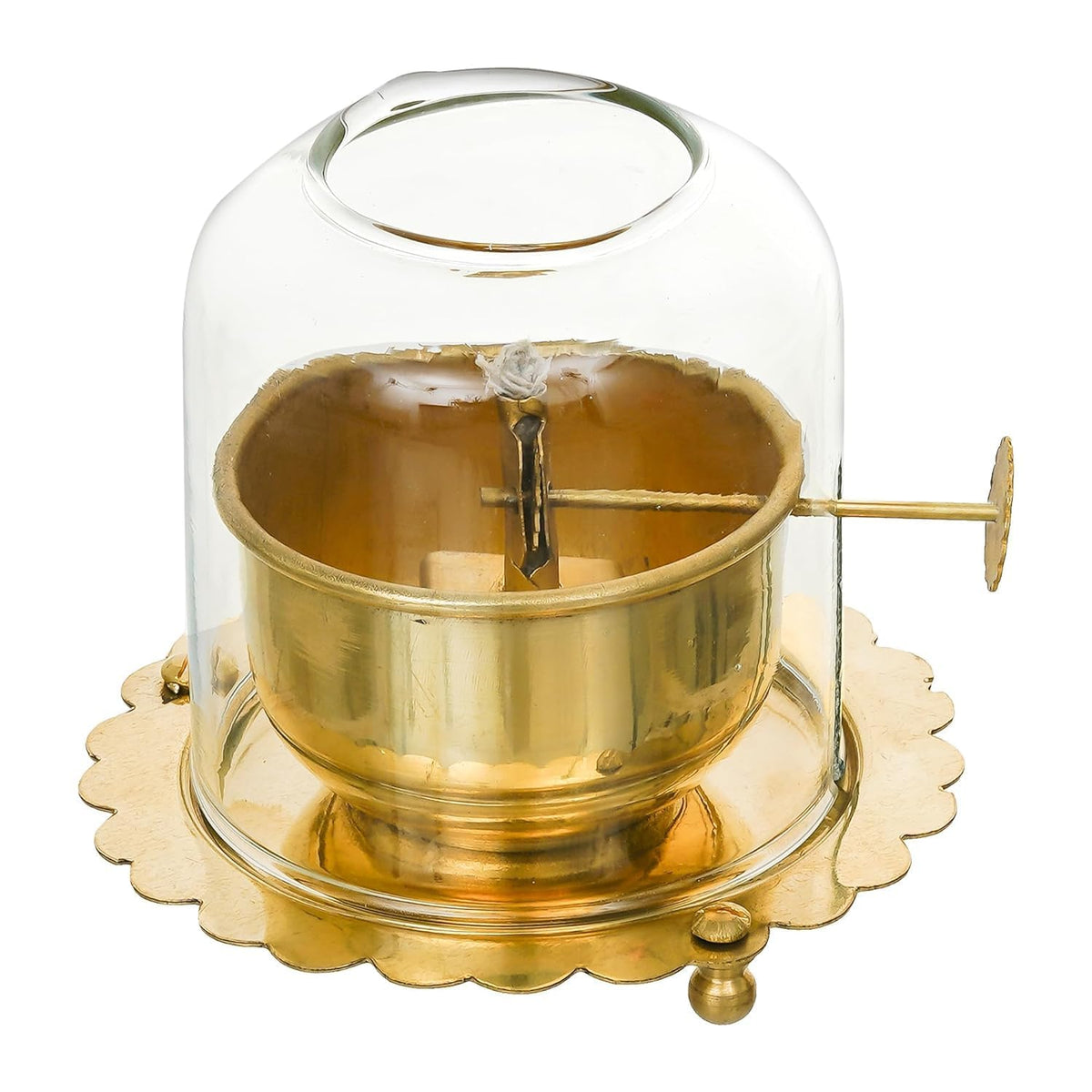 Brass Akhand Jyot Diya with Adjustable Bati Wick Lifting Screw Home Decoration Gifting Joyti Holder Navratri & Borosilicate Glass Cover Oil Diyas Pooja(Small)