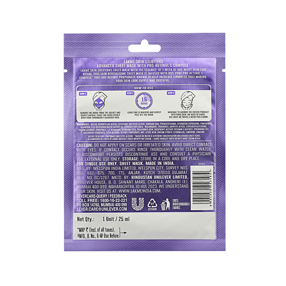 Lakme Solutions Sheet Mask Anti-Aging with Pro Retinol C Complex~ 25ml (1 Count)