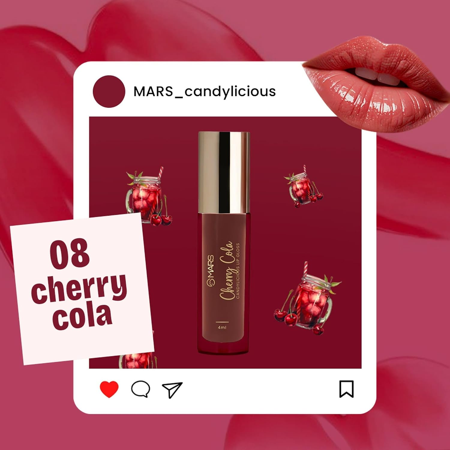 MARS Candylicious Sheer Lip Gloss for Women | Hydrating & High Shine | Lightweight | Non-Sticky | Enriched with Vitamin-E, Hyaluronic Acid & Avocado Ester (4.0ml) (08-CHERRY COLA)