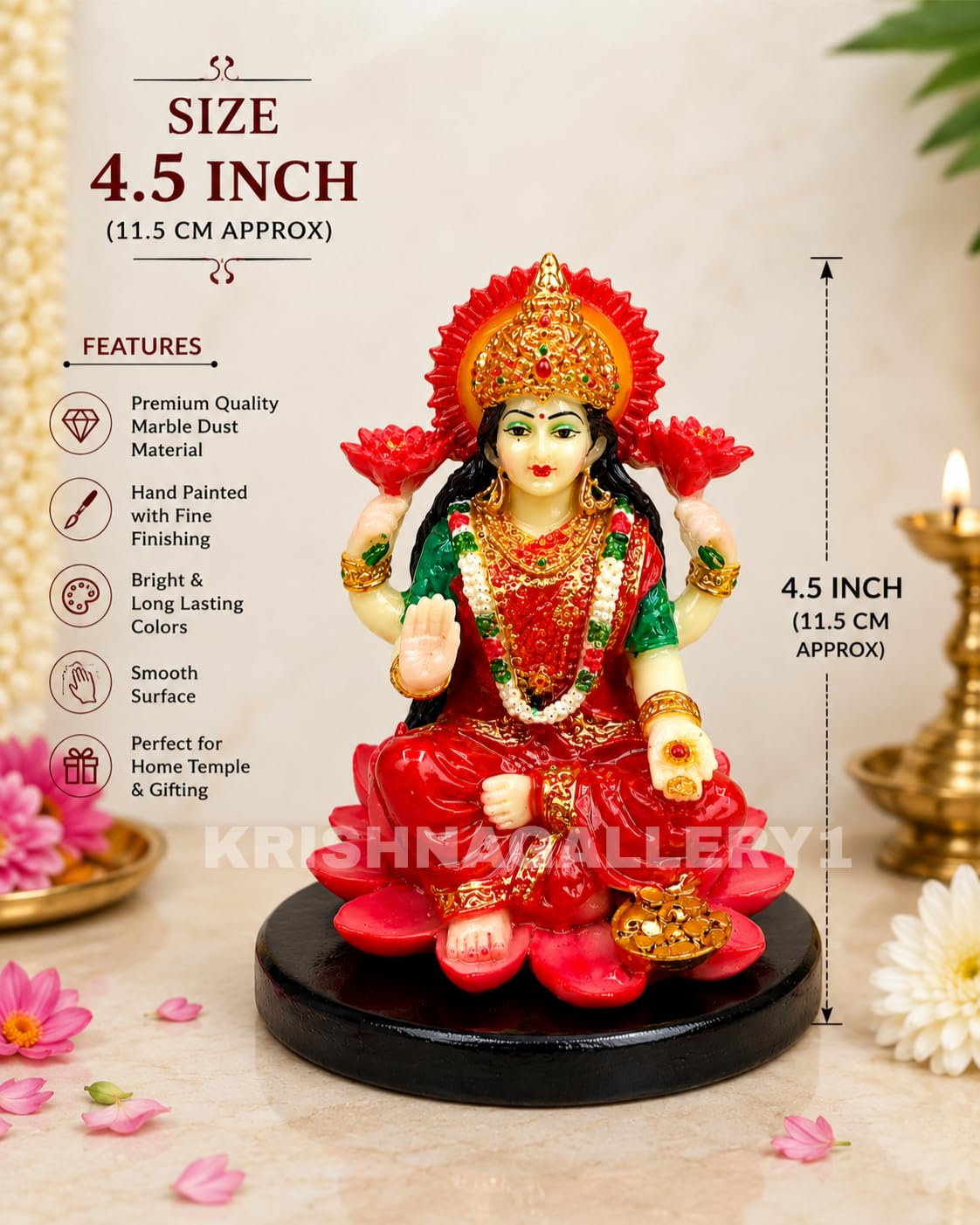 KRISHNAGALLERY1 Marble Look Laxmi Mata Ji Murti Statue Goddess Laxmi Idol For Pooja Gift Good Luck Money 4 Inch, Multi-coloured Laxmi ji