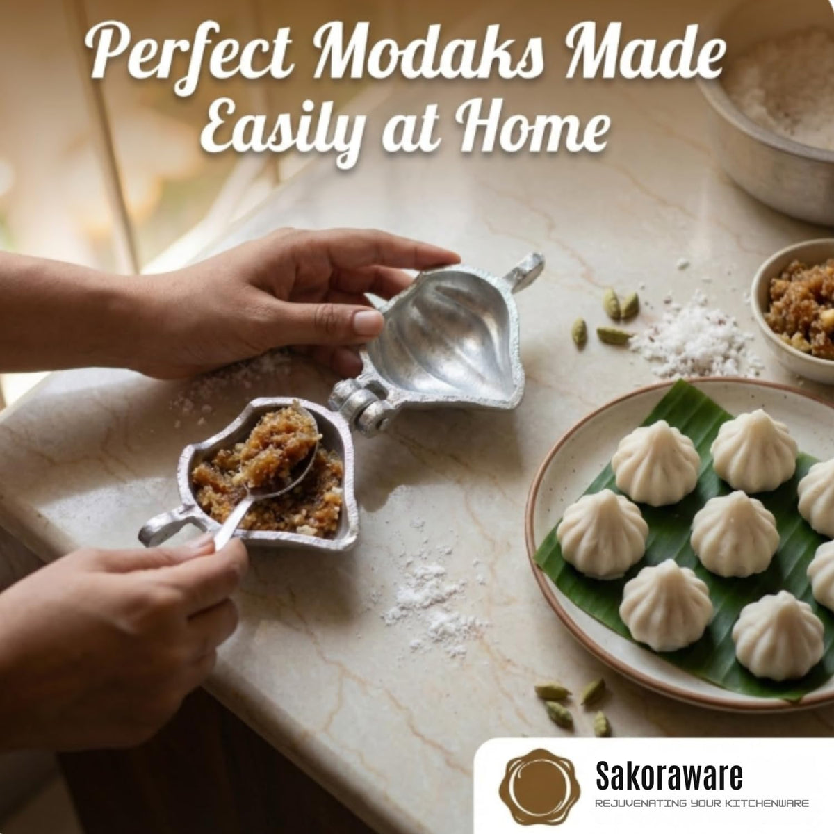 Sakoraware Aluminium Modak Maker Mould Mold Sacha Cutter | Gujiya Karanji Maker Machine | Dumpling Maker Kitchen Moulds for Holi | Ganesh Chaturthi | Diwali | F