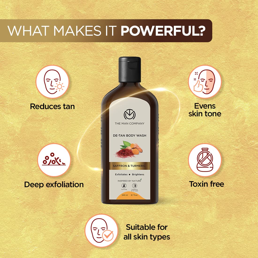 The Man Company De Tan Bodywash for Men with Saffron, Turmeric & Walnut Breads for Skin Brightening 200 ml | Tan Removal Shower