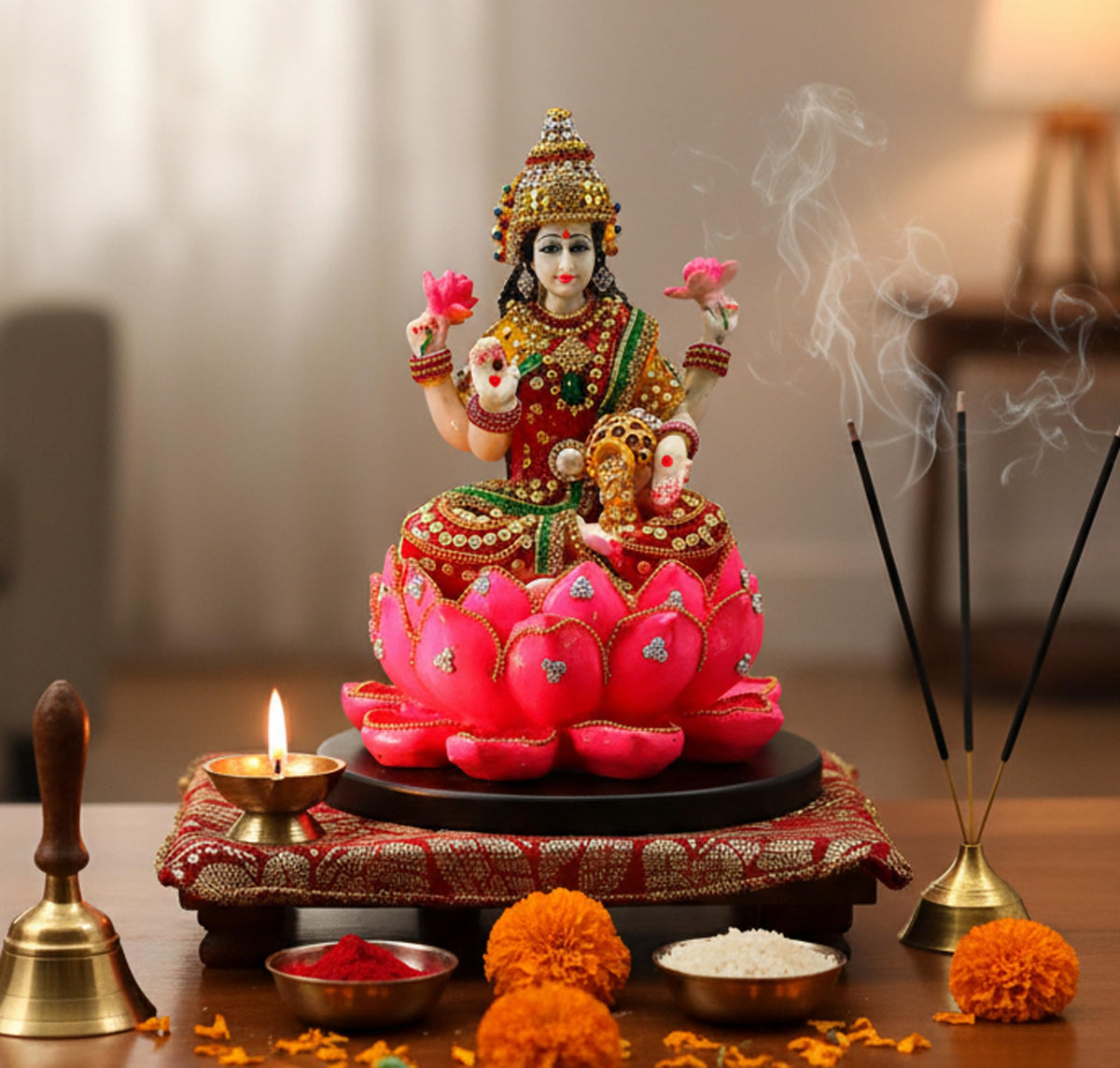 ESPLANADE Lakshmi on Lotus | Laxmi Goddess Murti Idol Statue Sculpture Figurine - Resin - 11" Inches - Multi