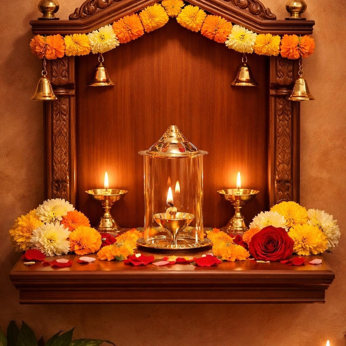 Klassic Navjyoti 4 Inch Akhand Diya Set with Borosilicate Glass Shade | Brass Oil Lamp for Mandir & Pooja | Decorative Diya with Glass Cover,Wick Holder for Poo