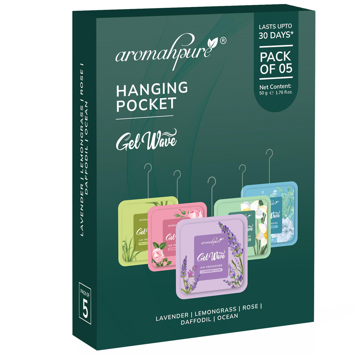 Aromahpure Gel Wave Bathroom Freshener | Assorted 50g (10g each) | Set of 5 Gel-Based hanging Pocket freshener I Lasts Up to 30 Days Multi Pack of 5