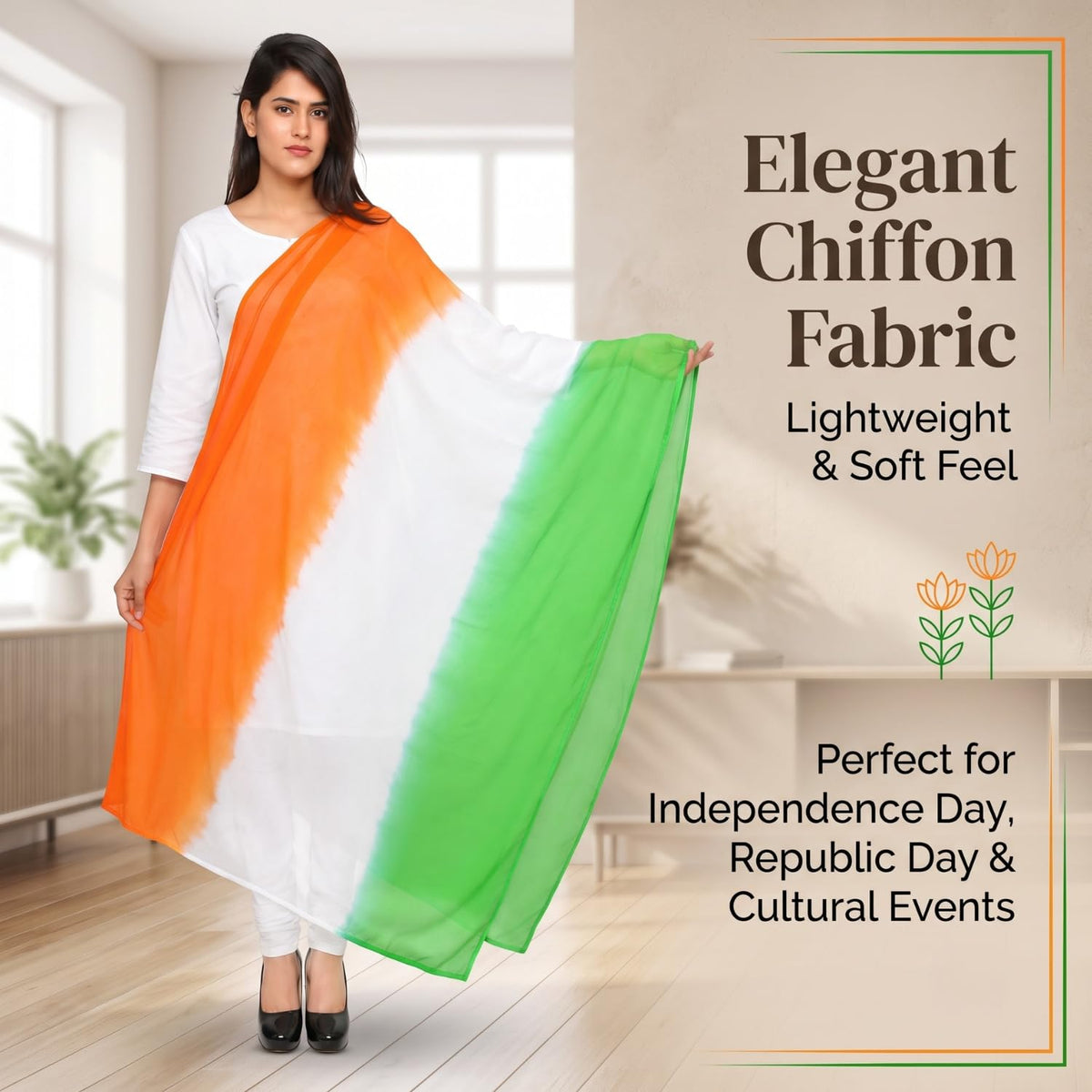 Kalakriti Womens Girls Dress Dupatta Full 2.25 mtrs | Tie-Dye Chiffon Fabric Dupatta Tricolor Chunni | Republic Day | Independence Day