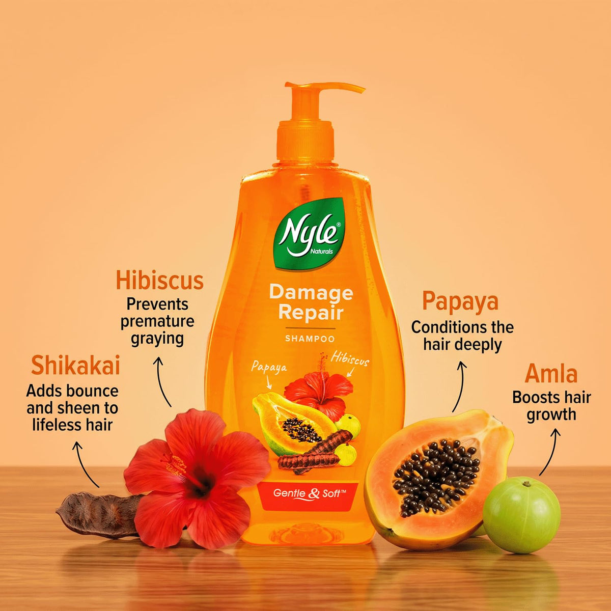 Nyle Naturals Damage Repair Shampoo|Papaya & Shikakai|800ml 800 ml (Pack of 1)