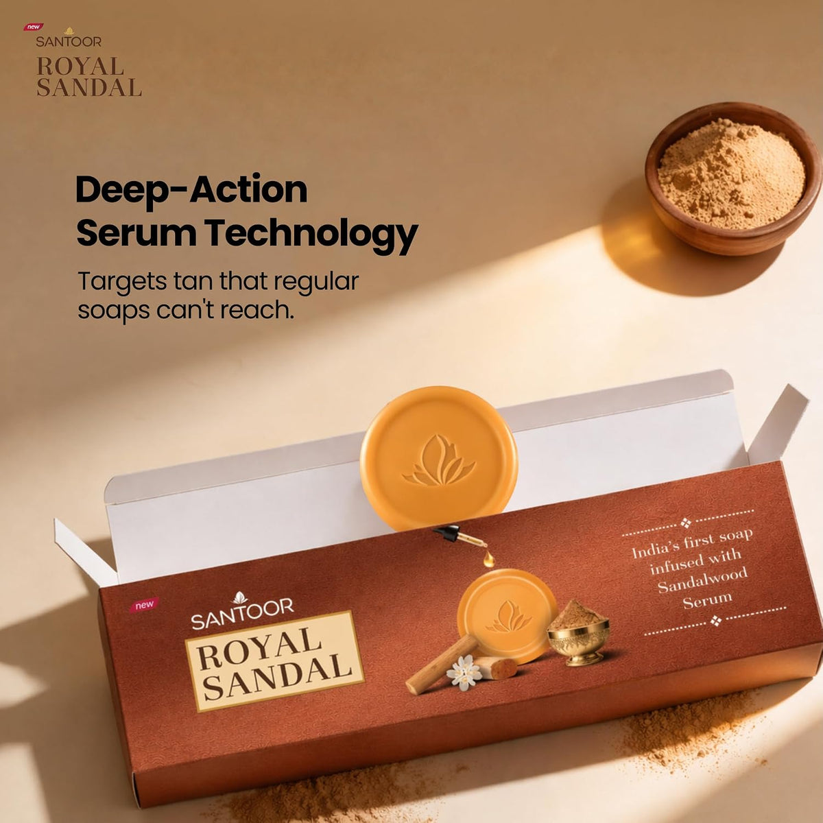 Santoor Royal Sandal Soap | Infused with Sandalwood Serum | Tan Removal | 100% Pure Sandalwood Oil & Powder | Helps Reduce Tan for Even-Toned, Glowing Skin | 15