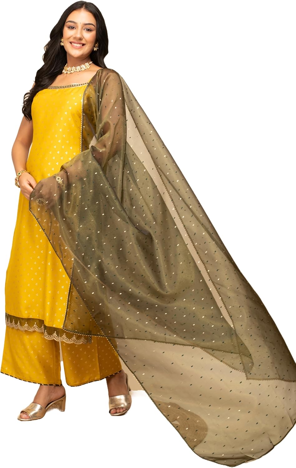FIORRA Women's Yellow Silk Blend Straight Kurta with Palazzo and Dupatta X-Large