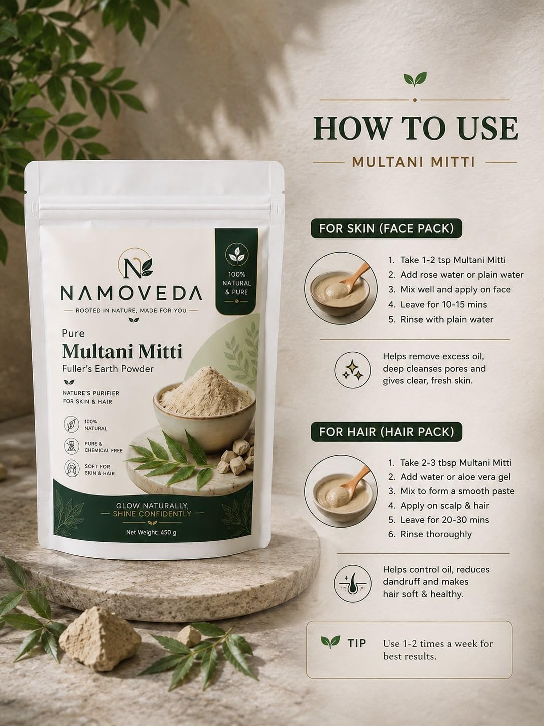 NAMOVEDA Fuller’s Earth Multani Mitti Powder 450 g Pure Natural