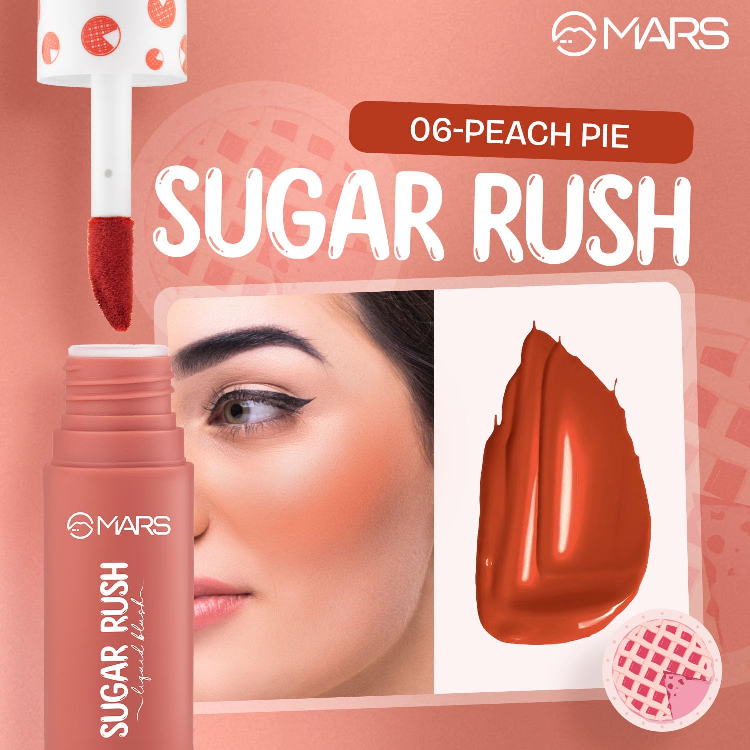 MARS Sugar Rush Liquid Blush (06-PEACH PIE) | High-Pigmentation | Lightweight Formula | Dewy Matte Finish | Long-Lasting | Smooth Radiant Glow | Easy Doe-Foot Applicator (4.5ml)