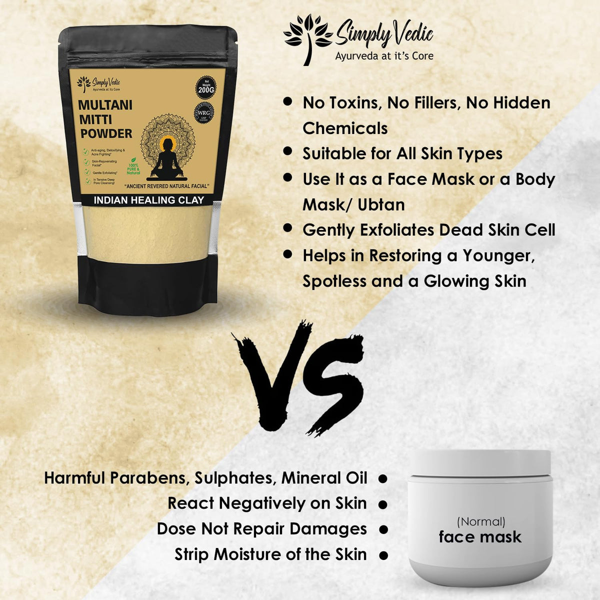 Simply Vedic 100% Natural Multani Mitti Powder Face Pack (200Gms-Pack1) For Exfoliating Soothing Nourishing Face, Skin & Hair| Indian Healing Clay/Calcium Bento