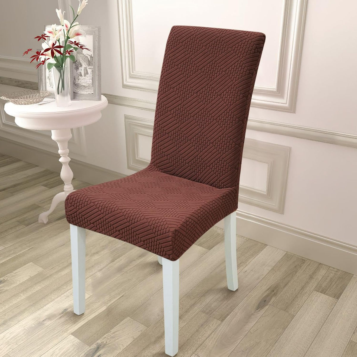 HOMETHREADS Elastic Jacquard Chair Cover Stretch Removable Washable Short Dining Chair Cover Protector Seat (Coffee, Pack of 6) Coffee Pack of 6