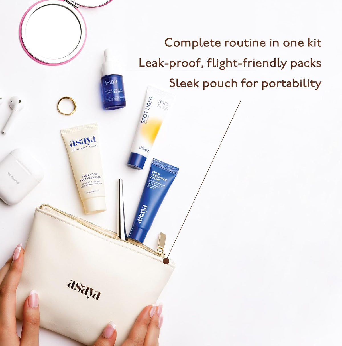Asaya Travel Kit | Gift for Women | With Free Travel Pouch Bag | Face Wash Cleanser, Serum, Moisturizer & Sunscreen (CSMS Combo) | Melame™ Complex, Alpha Arbuti