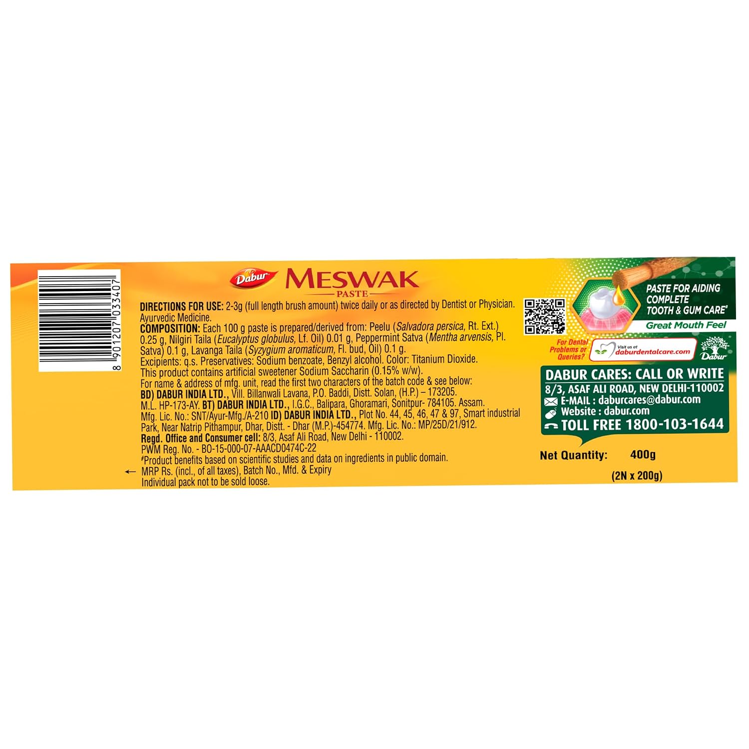 Dabur Meswak Complete Oral Care Toothpaste - 800g (400g x 2, Pack of 2) | Complete Oral & Gum Care Toothpaste | Contains Pure & Rare Miswak extract | No added Fluoride, Paraben, Triclosan & Formalin