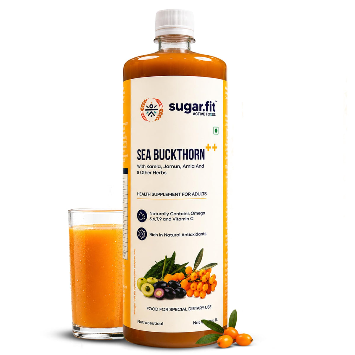 Sugar.fit Himalayan Sea Buckthorn Juice 1000ml | Cold Pressed Seabuckthorn Berry Pulp with 14 Herbs - Amla, Karela, Jamun | Natural Vitamin C, Omega 3 6 7 9 | I