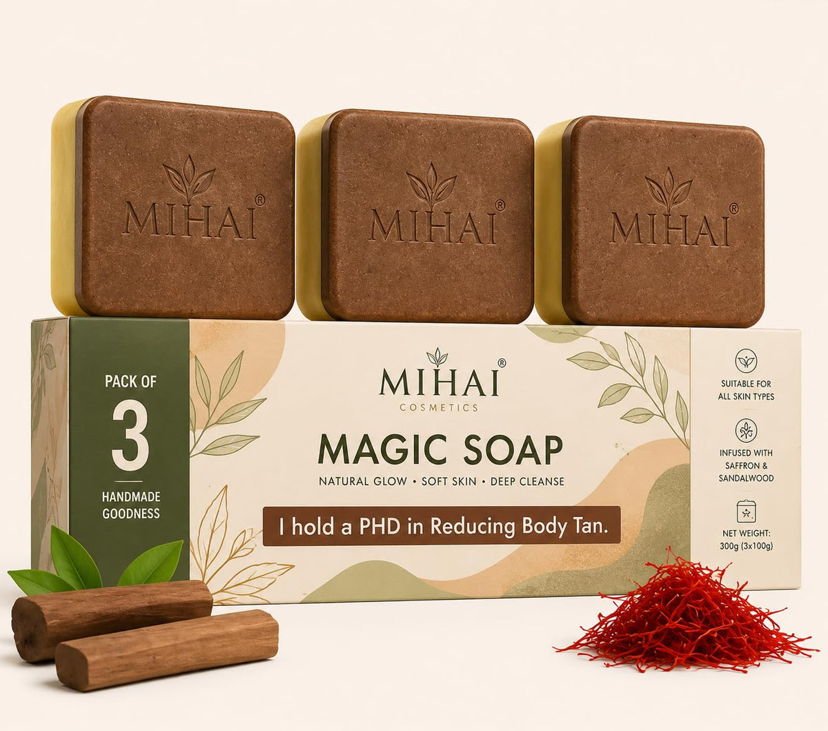 MIHAI Magic Soap for Body Tan Reduction, 300g (Pack of 3)