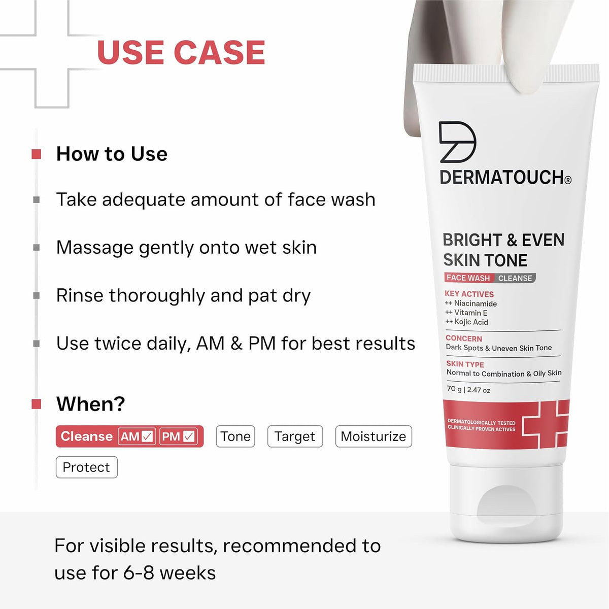 DERMATOUCH Bright & Even Tone Face Wash with Niacinamide, Vitamin E and Kojic Acid | For Tan, Pigmentation Dark Spots & Uneven Skin Tone | Oil Control | Dermato