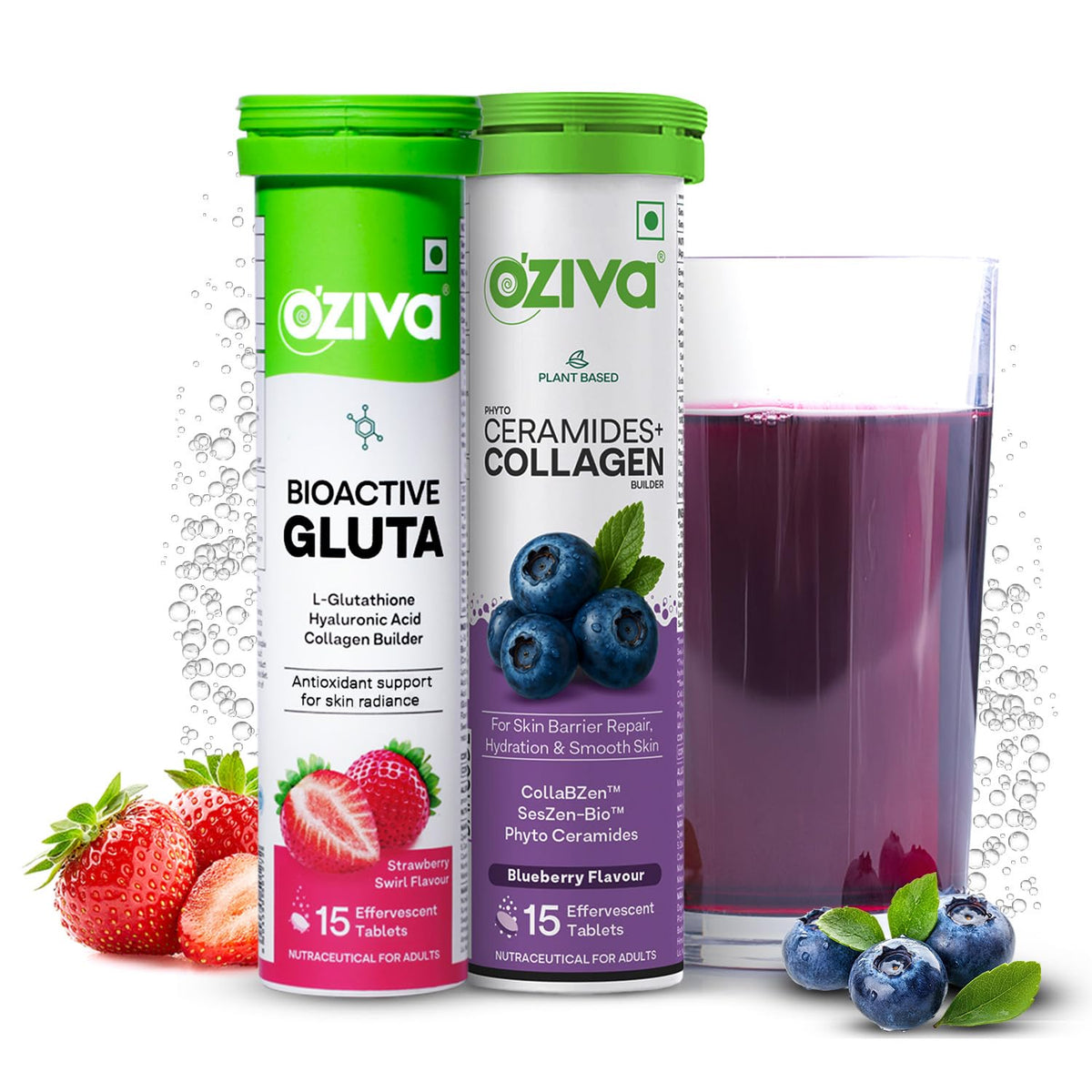 OZiva Bioactive Glutathione Tablets for Radiant Skin - Strawberry Swirl,15 Effervescent Tablets (Pack of 1) & Phyto Ceramides+ Collagen Builder Blueberry,15 Eff