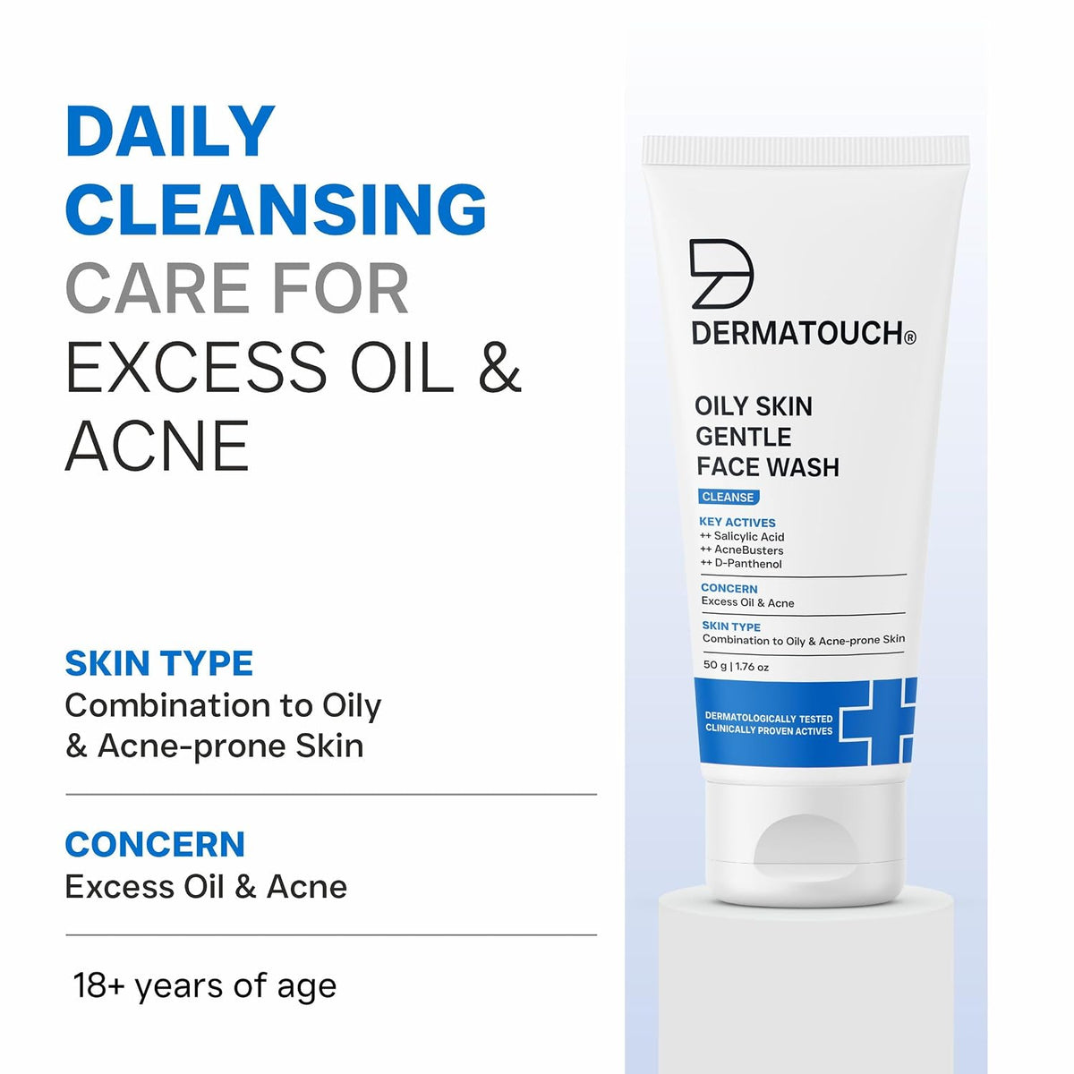 DERMATOUCH Oily Skin Gentle Face Wash with Salicylic Acid & AcneBusters Daily Cleanser for Excess Oil, Acne & Clogged Pores | pH Balanced Formula for Combinatio