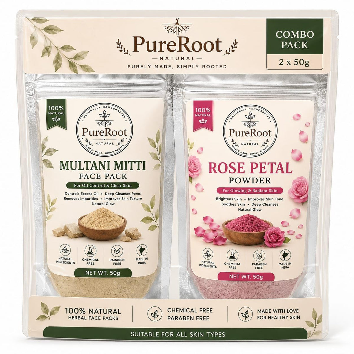 PureRoot Multani Mitti Face Pack & Rose Petal Powder Combo, 50g Each