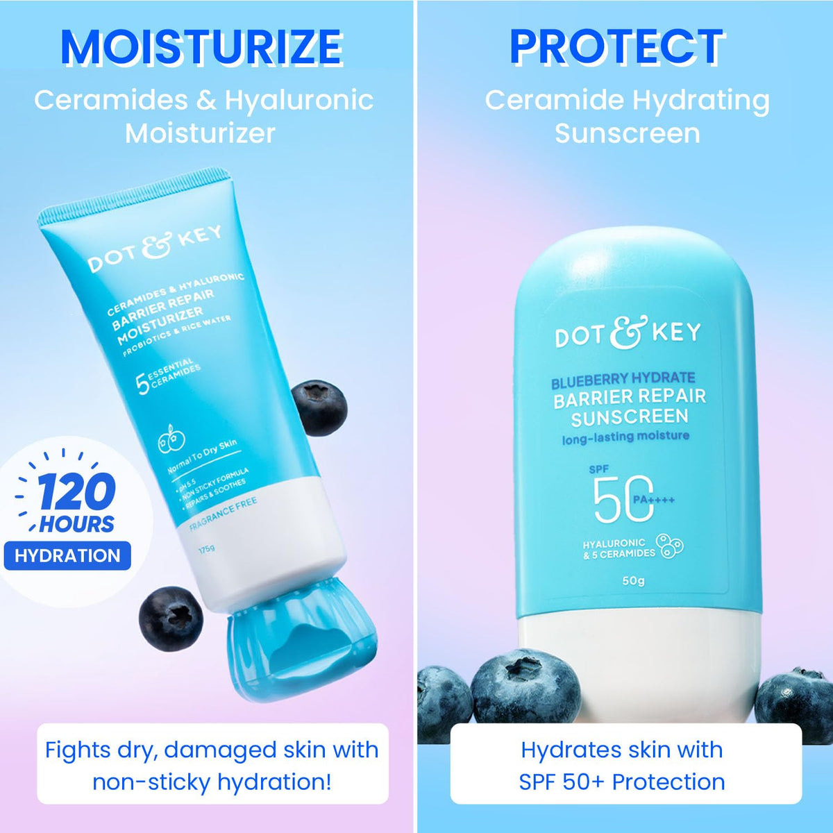 Dot & Key Skincare Ceramides & Hyaluronic Barrier Repair Moisturizer 100gm |Dot & Key Blueberry Hydrate Barrier Repair Sunscreen SPF 50+ PA++++ 50g