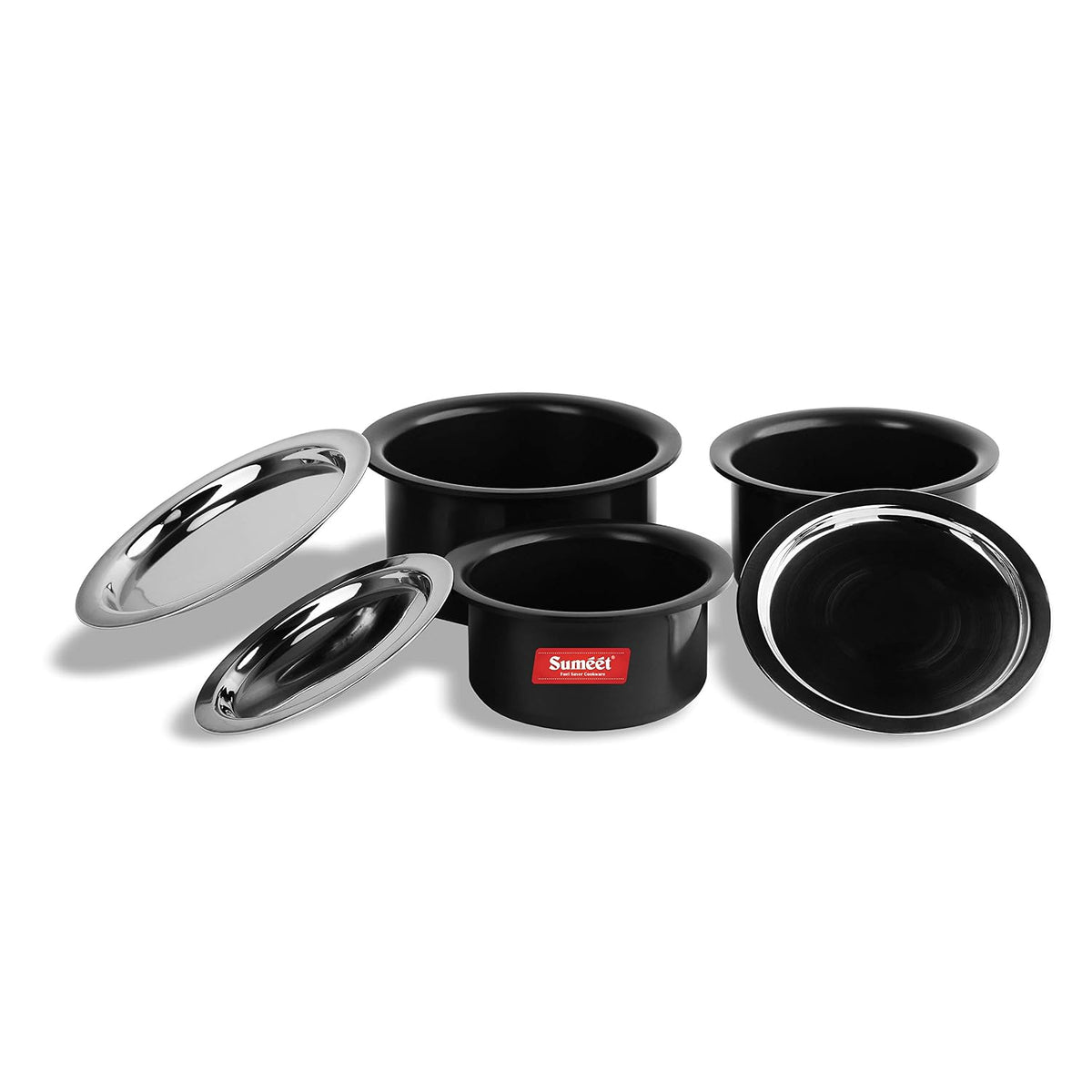 Sumeet Aluminium Non-Stick Anodized Tope Set, 700Ml, 1L, 1.4 L, 3 Piece (Black)