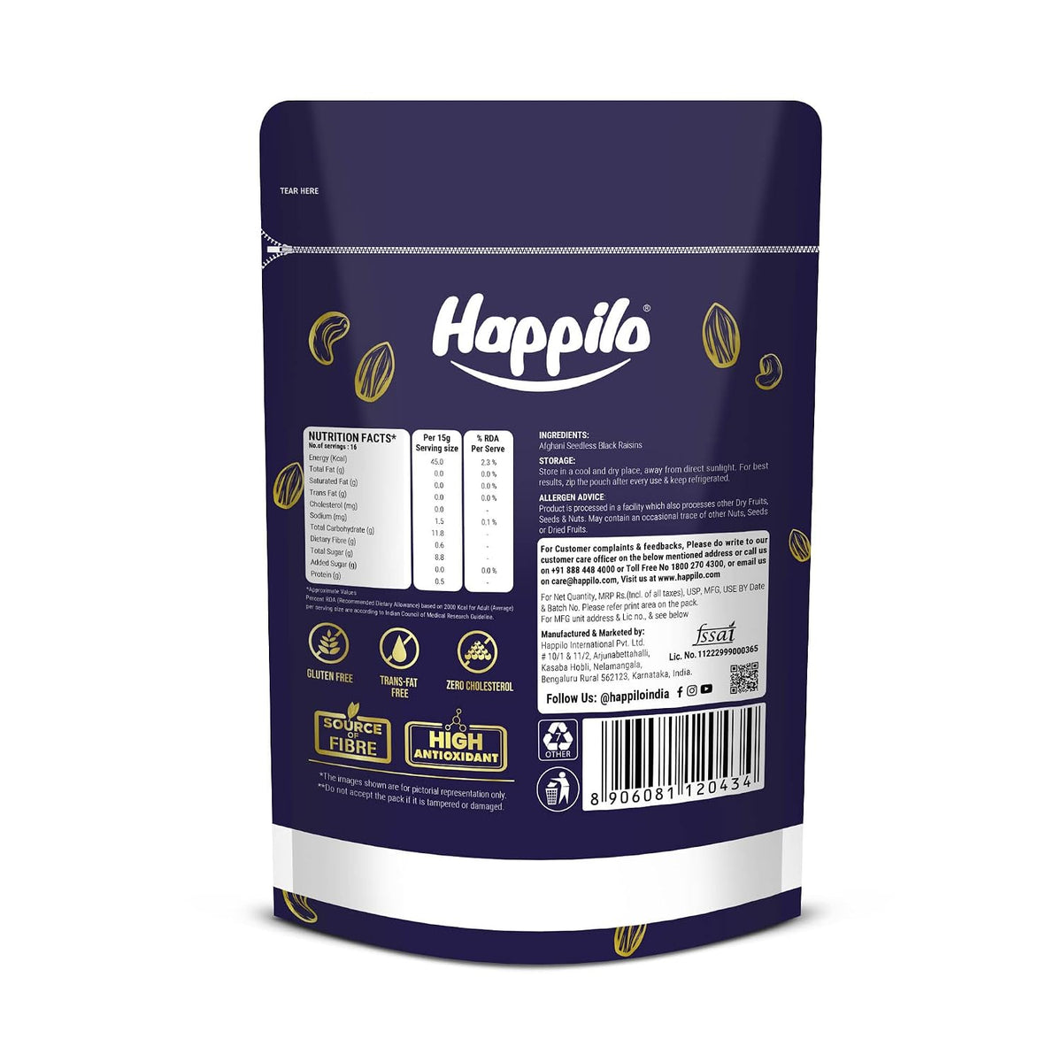 Happilo Premium Afghani Black Raisins Seedless 250g | Kali Kishmish/Kismis | Dry Fruits, Healthy Snacks | Rich in Fiber, Potassium & Antioxidants | Tasty & Nutr