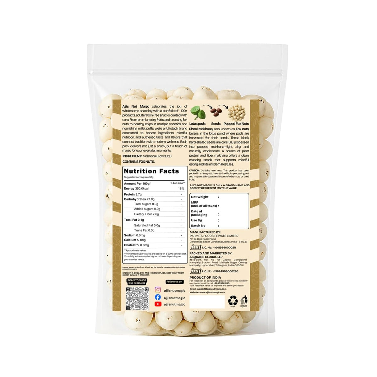 Ajji's Nut Magic Phool Makhana 500 Grams Pack | Big Size Raw Fox Nuts 500 g (Pack of 1)
