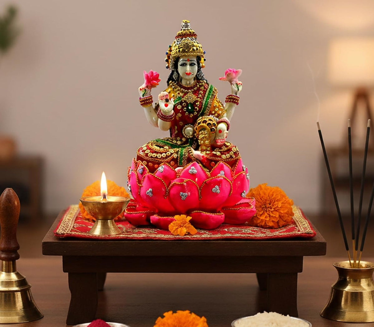 ESPLANADE Lakshmi on Lotus | Laxmi Goddess Murti Idol Statue Sculpture Figurine - Resin - 11" Inches - Multi