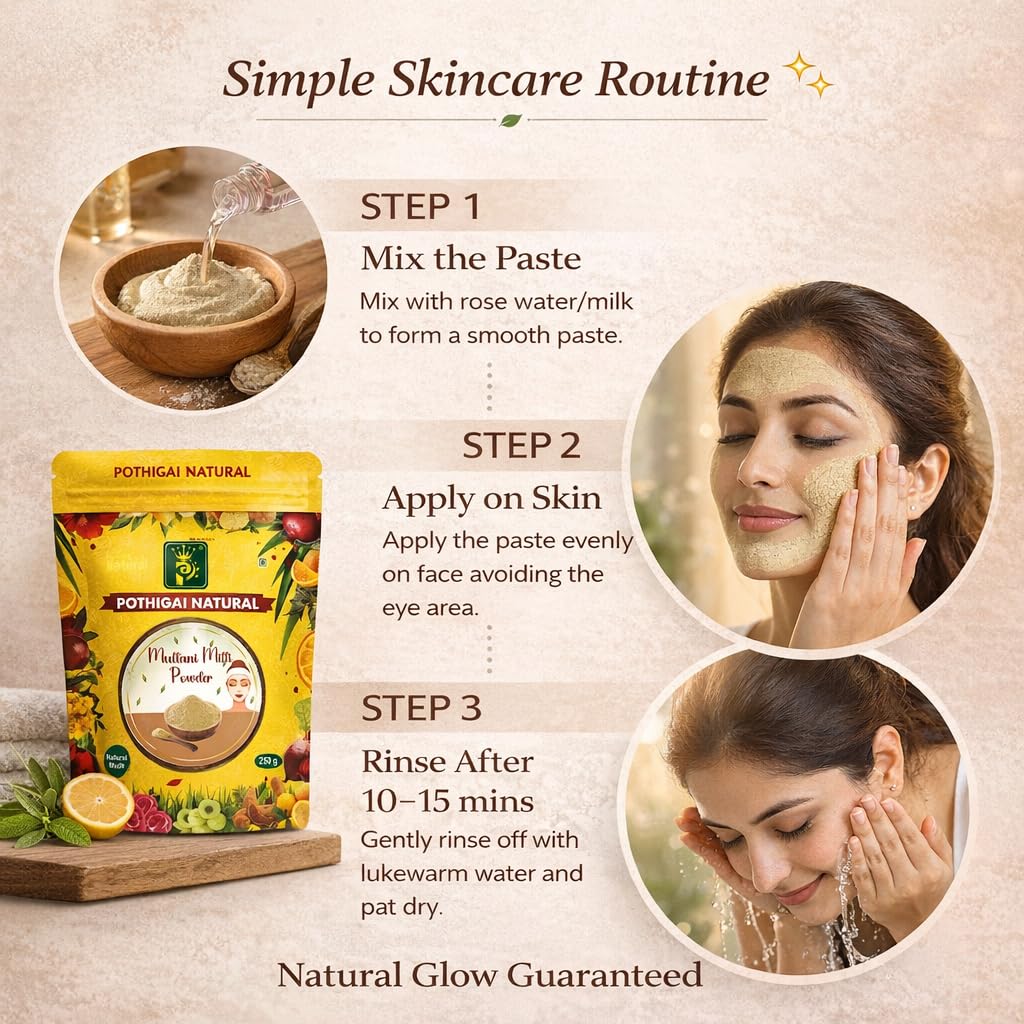 POTHIGAI NATURAL Multani Mitti Powder 250g | 100% Pure Fuller’s Earth for Face Pack, Skin Brightening & Oil Control | Natural Clay for Acne & Hair Care