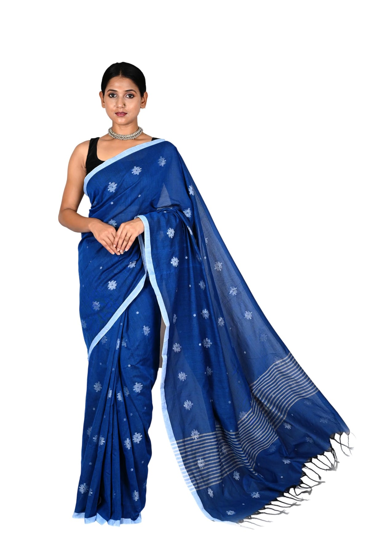 Women's Cotton Blend Handloom Khadi Saree with Unstitched Blouse Piece | 5.5 Meter Saree + 0.8 Meter Blouse Piece | Traditional Bengali Handloom Wear blue