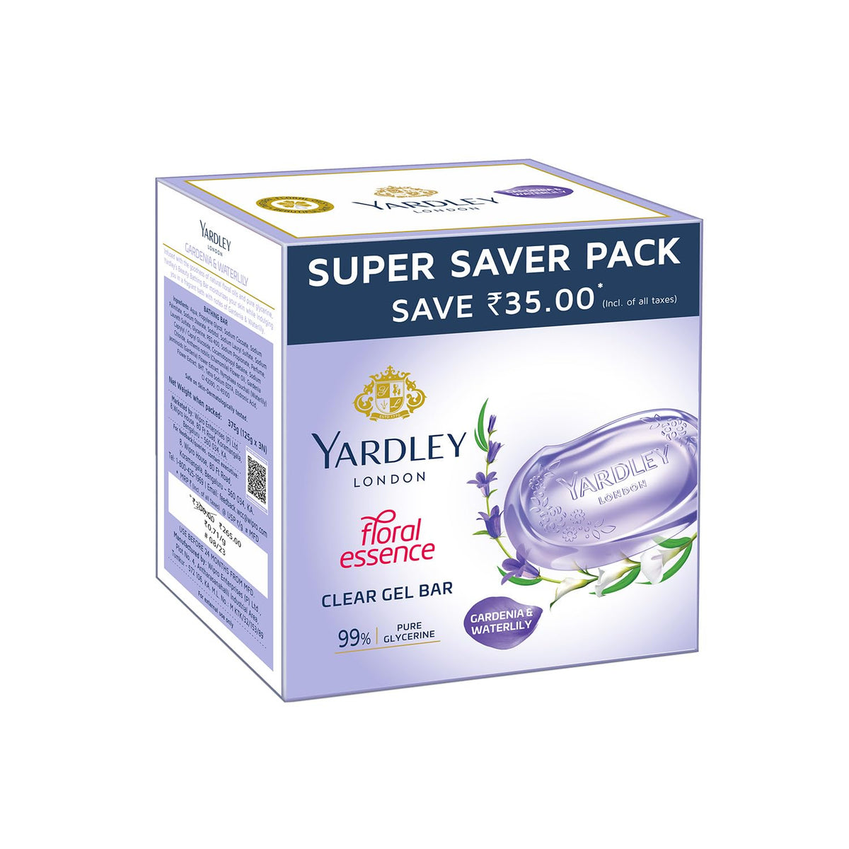 Yardley London Clear Gel Bar Gardenia And Waterlily - With 99% Pure Glycerin And Natural Floral Oils - 125Gx3